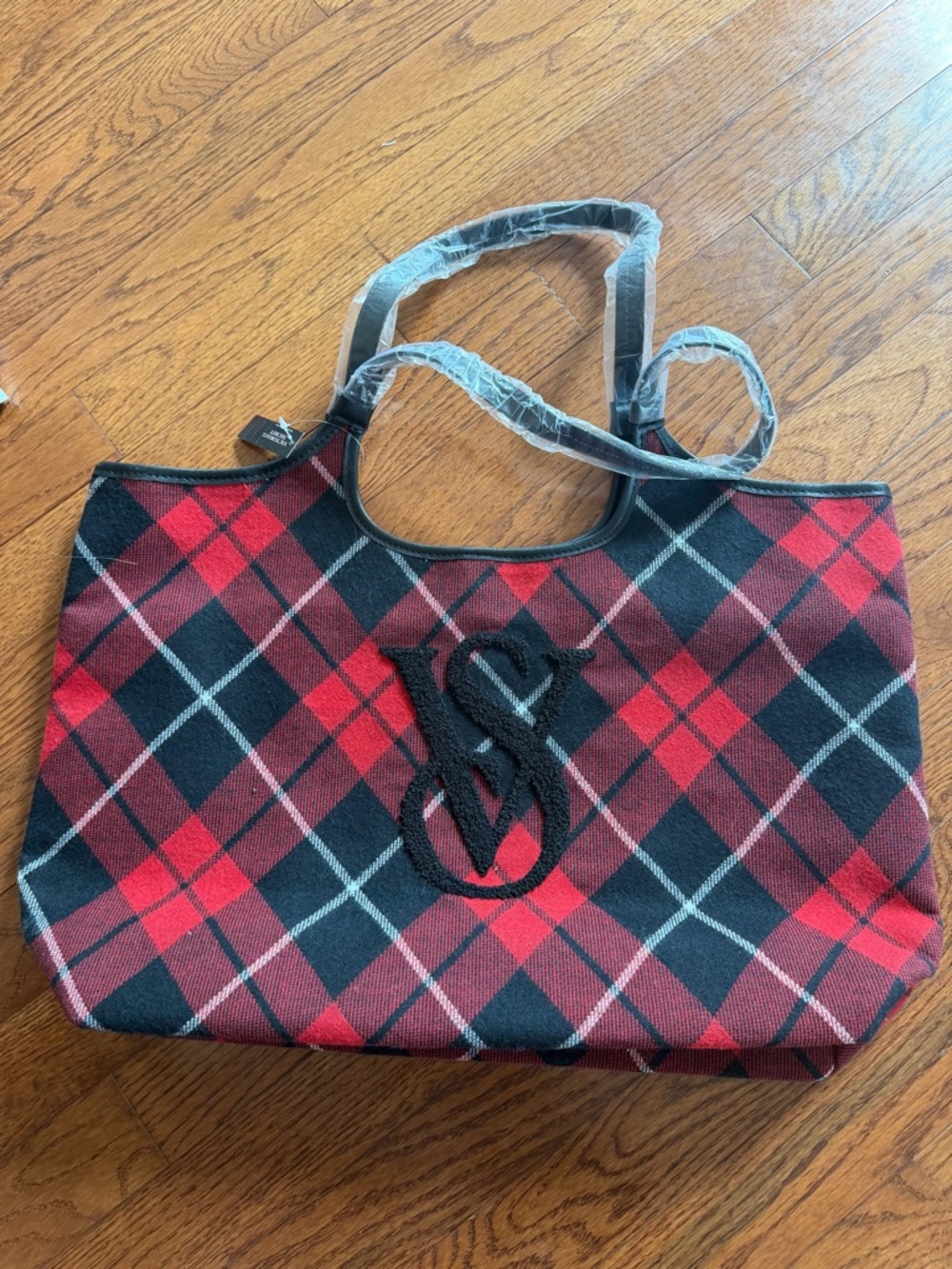 Victoria's Secret Red & Black Plaid Tote with Monogram
